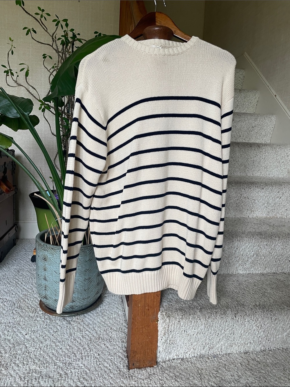 John Galt Coastal Cotton Cream and Navy Striped Oversized Crewneck